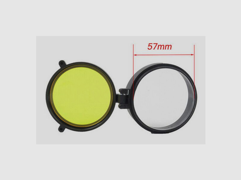 Lens protection cap for riflescope with filter, flip up lens protector, 57mm diameter