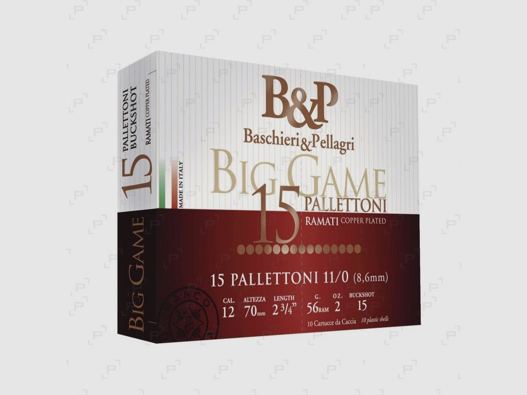 Patronen Chevrotine BASCHIERI & PELLAGRI Kal. 12/70 - BIG GAME 15 Palettoni mit Kupferbeschichtung