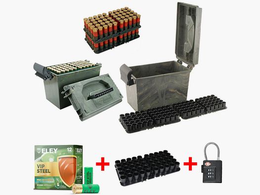 MTM Caja de cartuchos de perdigones SD-100-12-09 camuflaje salvaje incluye 150 disparos ELEY VIP Pro-ECO Steel .12/70 24G #7