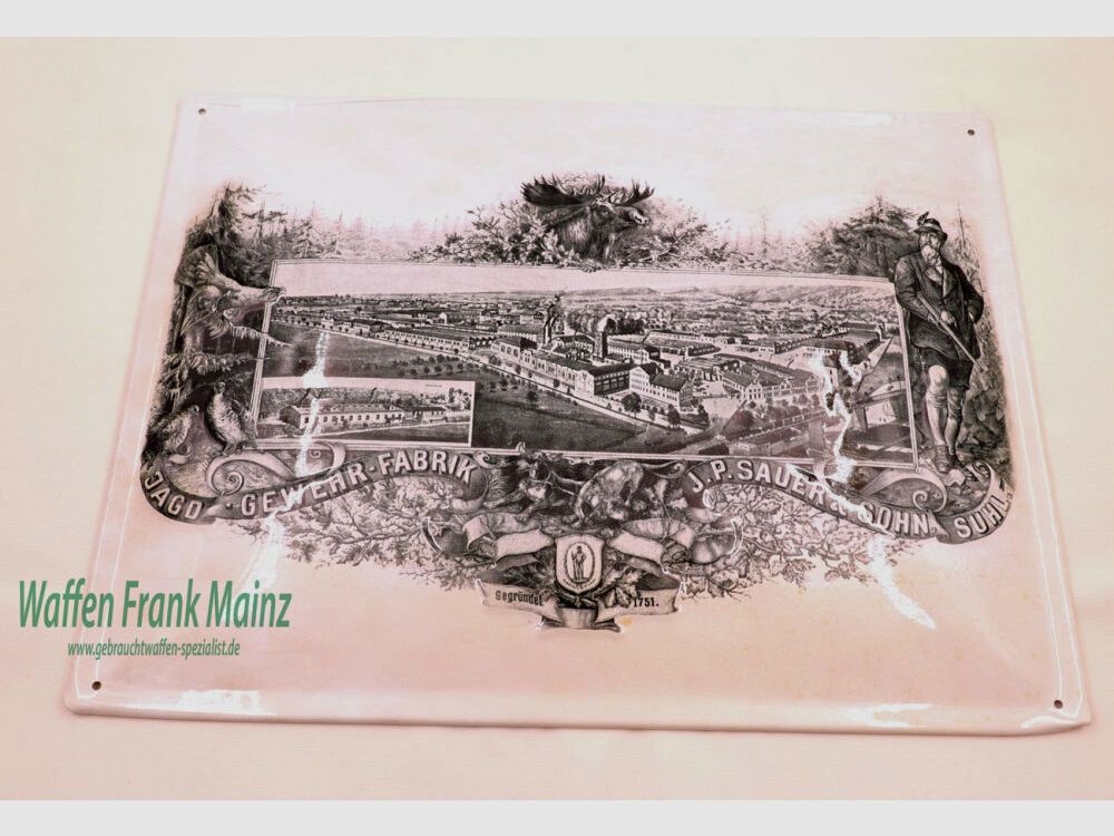Sauer en Zoon/Suhl Vintage Reclame Blikbord Wapenfabriek J.P. SAUER & ZOON