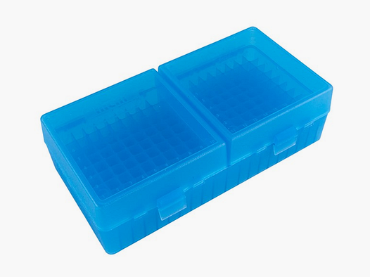 MTM scatola per cartucce RS-200-24 blu trasparente con coperchio a ribalta per 200 cartucce .223 e altre.