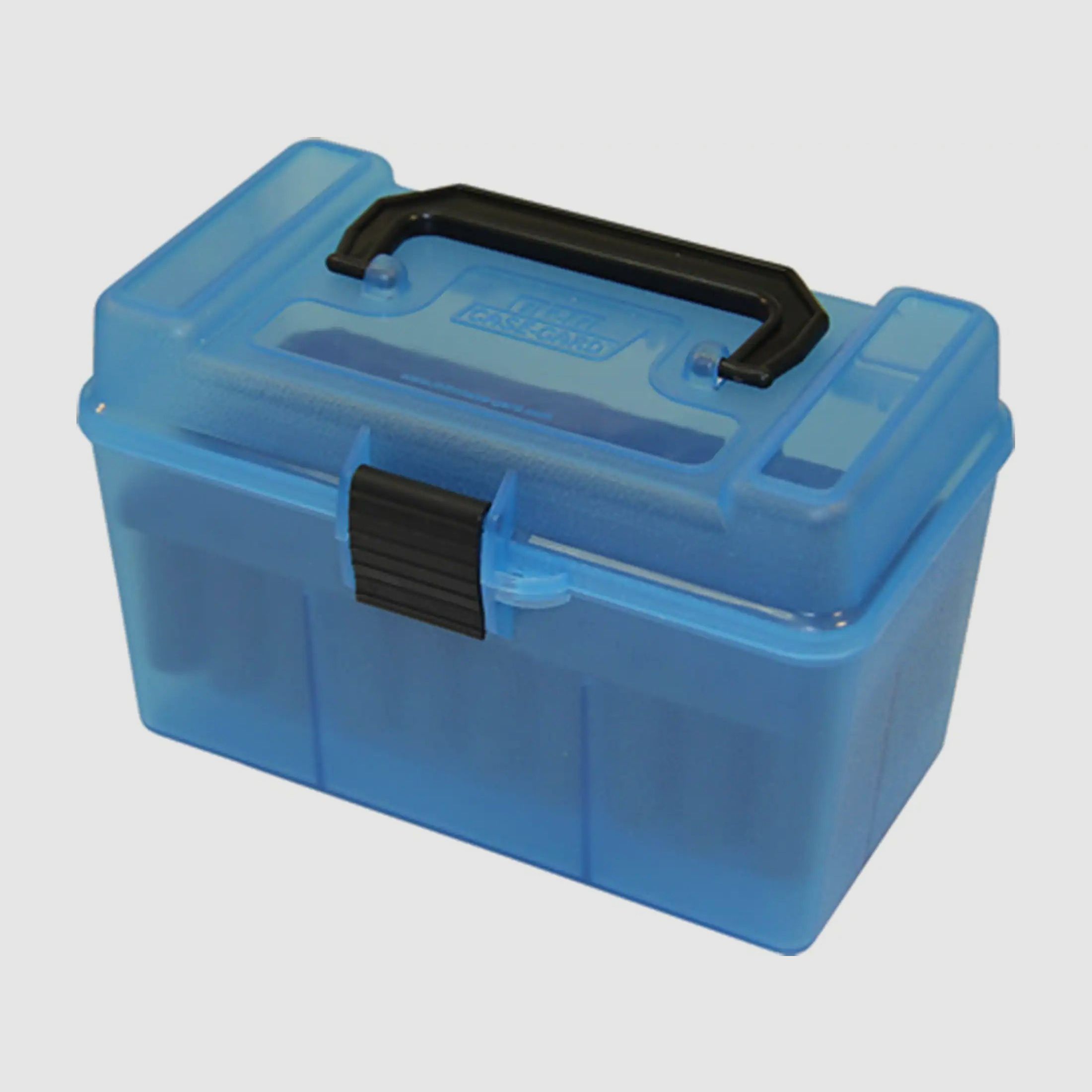 MTM Deluxe cartridge box H50-XL-24 blue clear with flip lid and carrying handle for 50 cartridges 7mm and below.