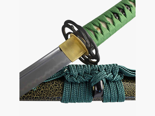 Katana Shizen in acciaio 1095 affilato con tempra in argilla saya verde ito con motivo di spine