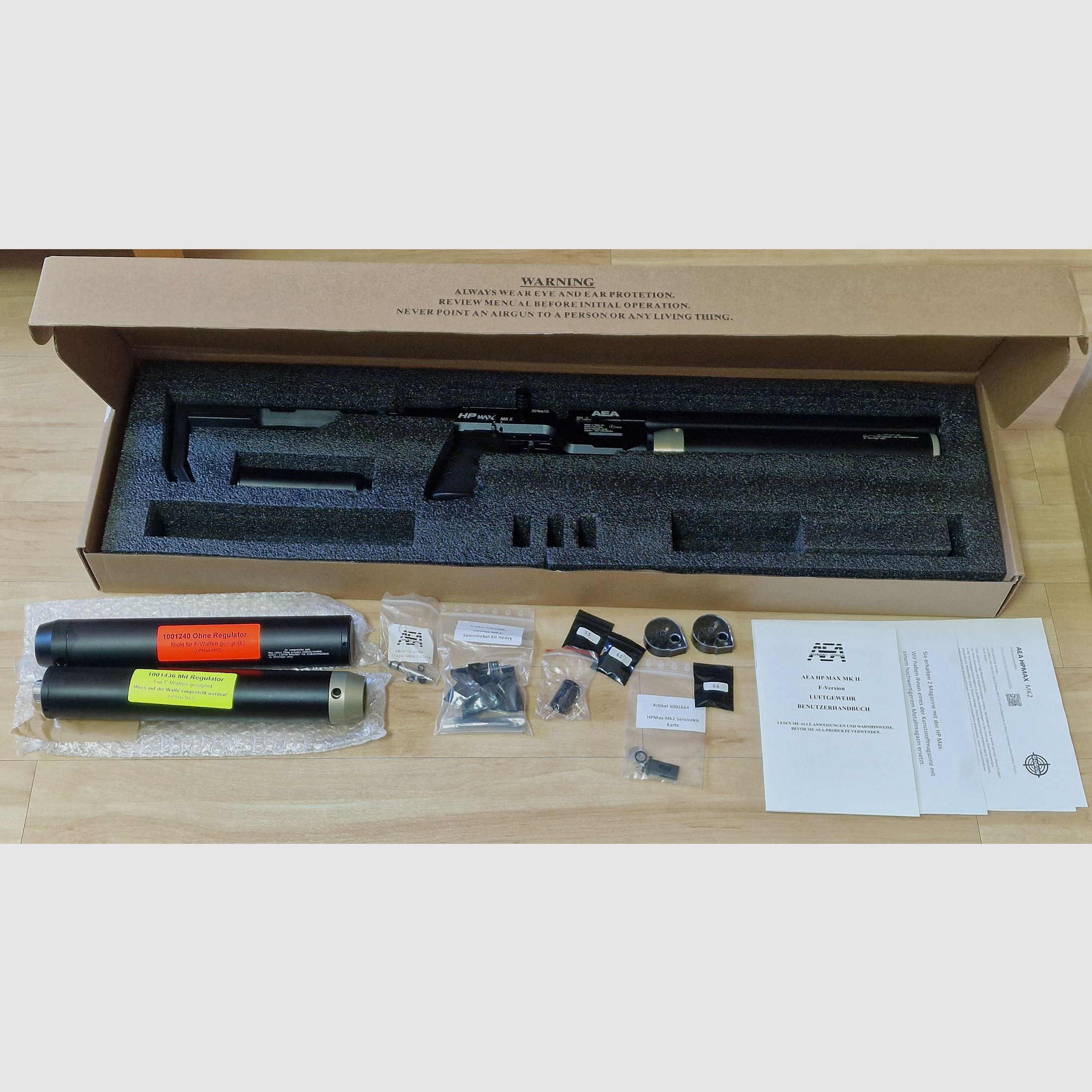 AEA HP Max MK2 con accesorios, silenciador HPMAX, tanques de aire comprimido, cargadores, silenciador