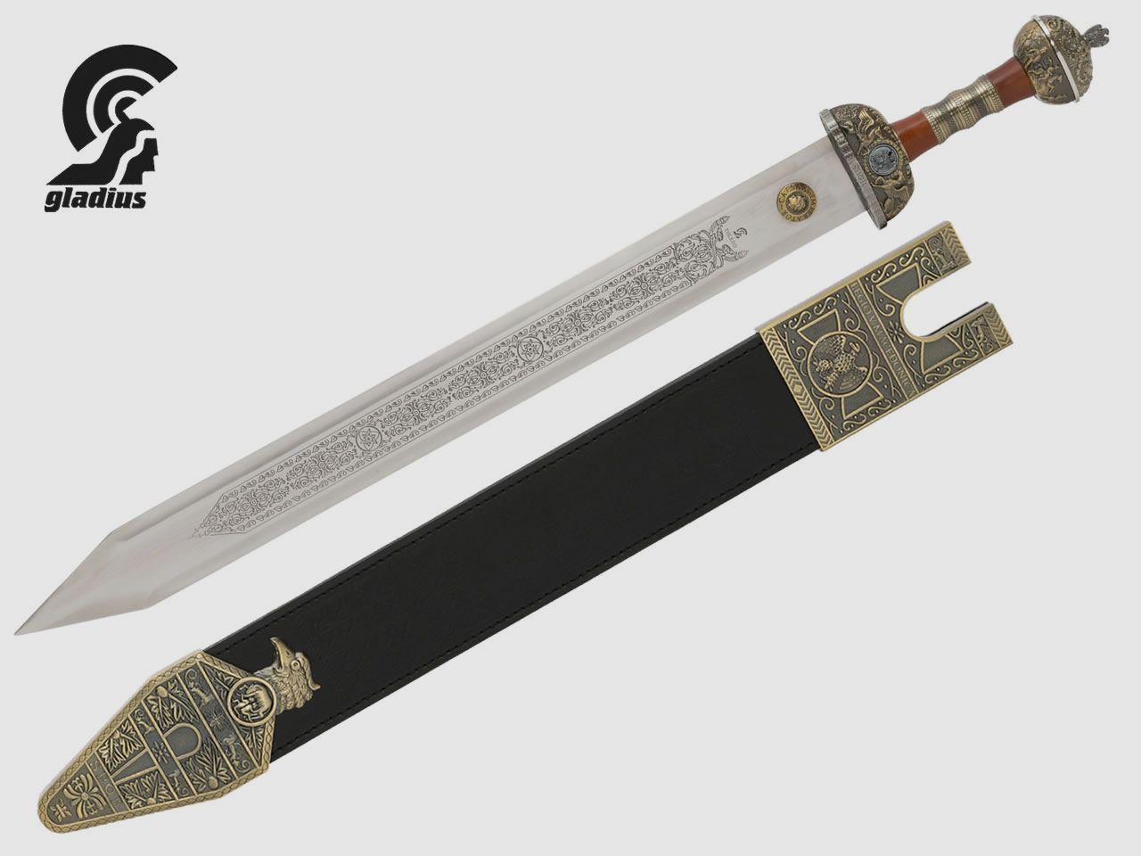Kurzschwert rĂ¶mischer Gladius Stahl 420 KlingenlĂ¤nge 59,5 cm Lederscheide verziert (P18)