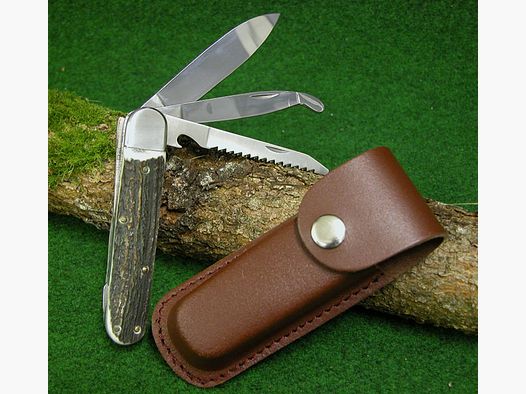 Cuchillo de caza original " LEEGEBRUCH " 3 piezas cuchillo curvado sierra y hoja de acero 440 con mango de cuerno de ciervo y funda de cuero
