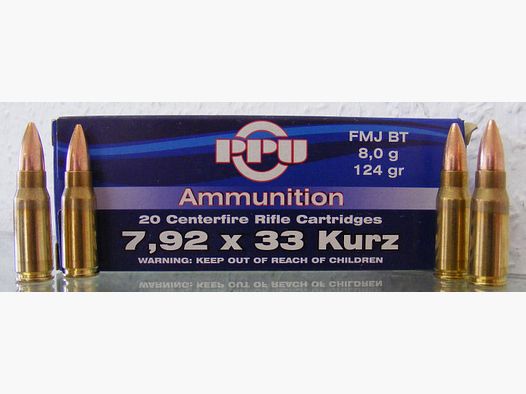 7,92x33 KURZ FMJ, 8,0g 124gr A- 424 PPU 500 Stk.