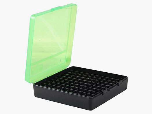MTM cartridge box P-100-45-16T green/black with flip lid for 100 cartridges .45 ACP and others.