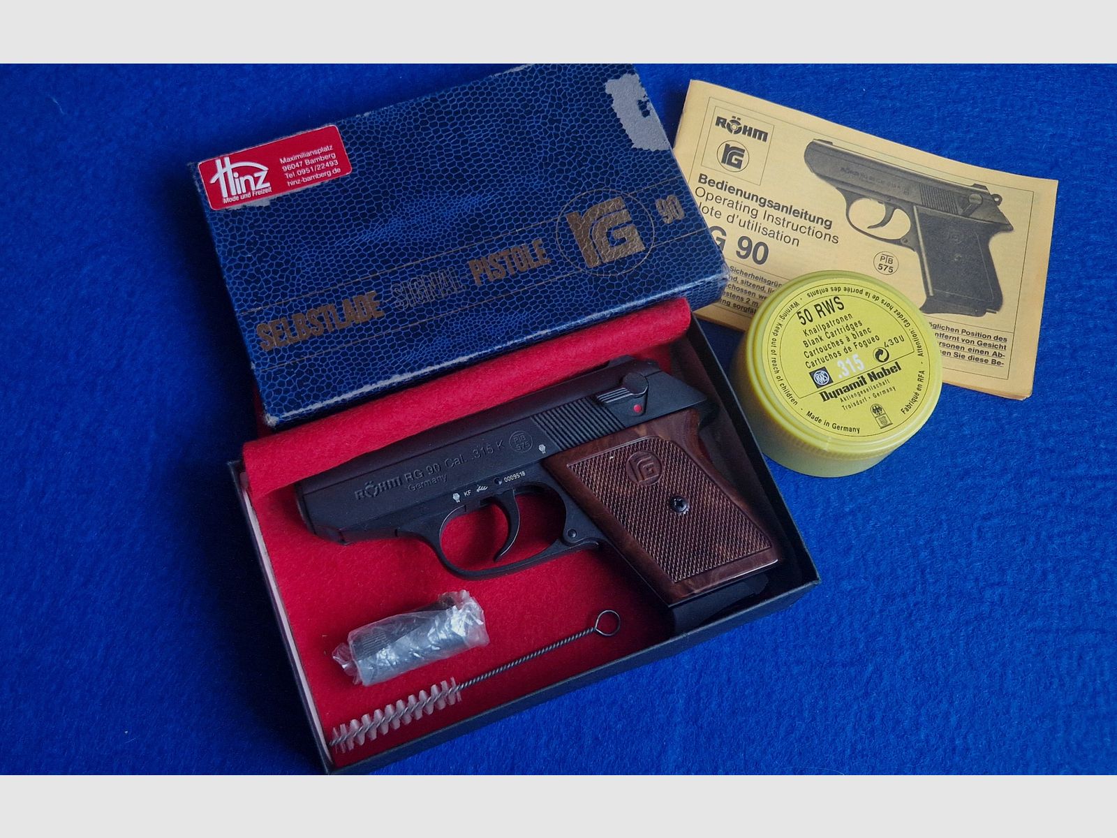 Röhm RG 90 Pistole im Kaliber .315k mit einer Dose Platzpatronen Munition 