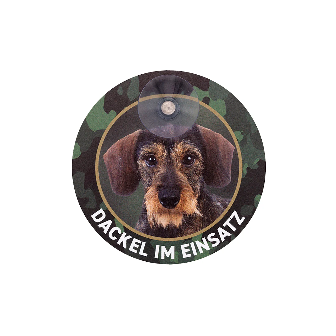 Dachshund in action" Wire-haired dachshund car sign round with suction cup