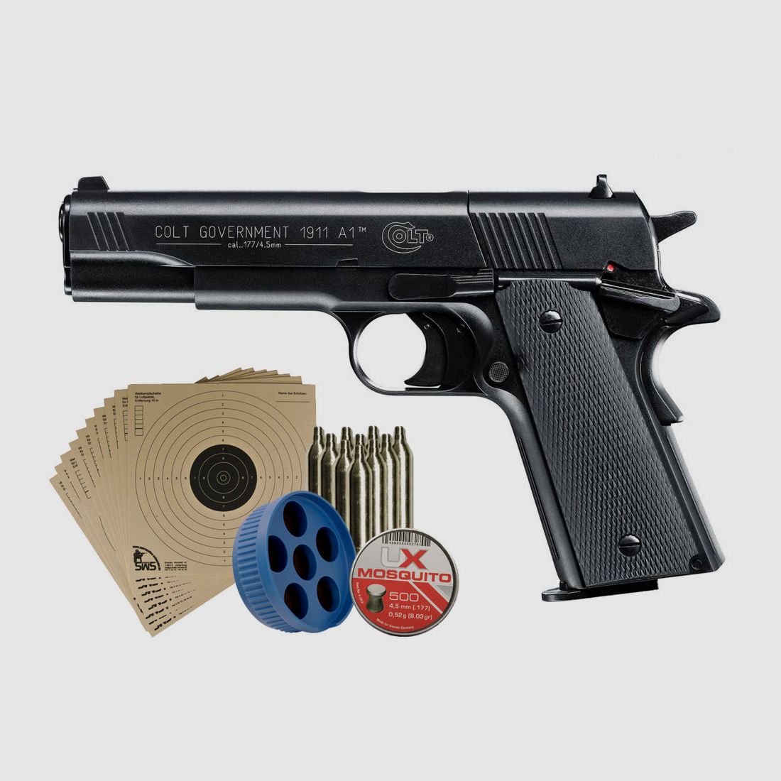 CO2 Pistole Colt 1911 A1 schwarz Kaliber 4,5 mm Diabolo (P18)+ Diabolos Zielscheiben CO2 Kapsel Speedloader