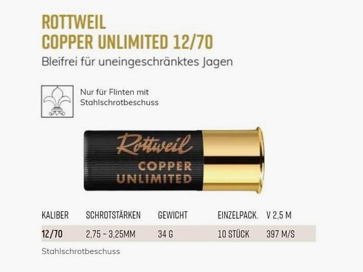 ROTTWEIL Schrot BLEIFREI 12/70 Copper Unlimited 34g 10 Stk  2,75mm #6    Stahlb.