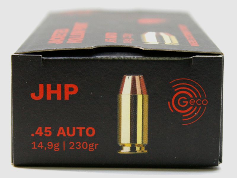 50 Schuss GECO .45 AUTO ACP JHP Fangschussmunition Hohlspitz Defense 14.9g 230gr hohe Präzsion Stopp