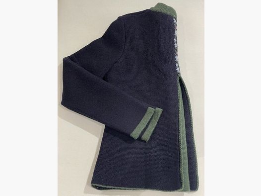 Cardigan da donna con piega in lana merino blu scuro con fiori