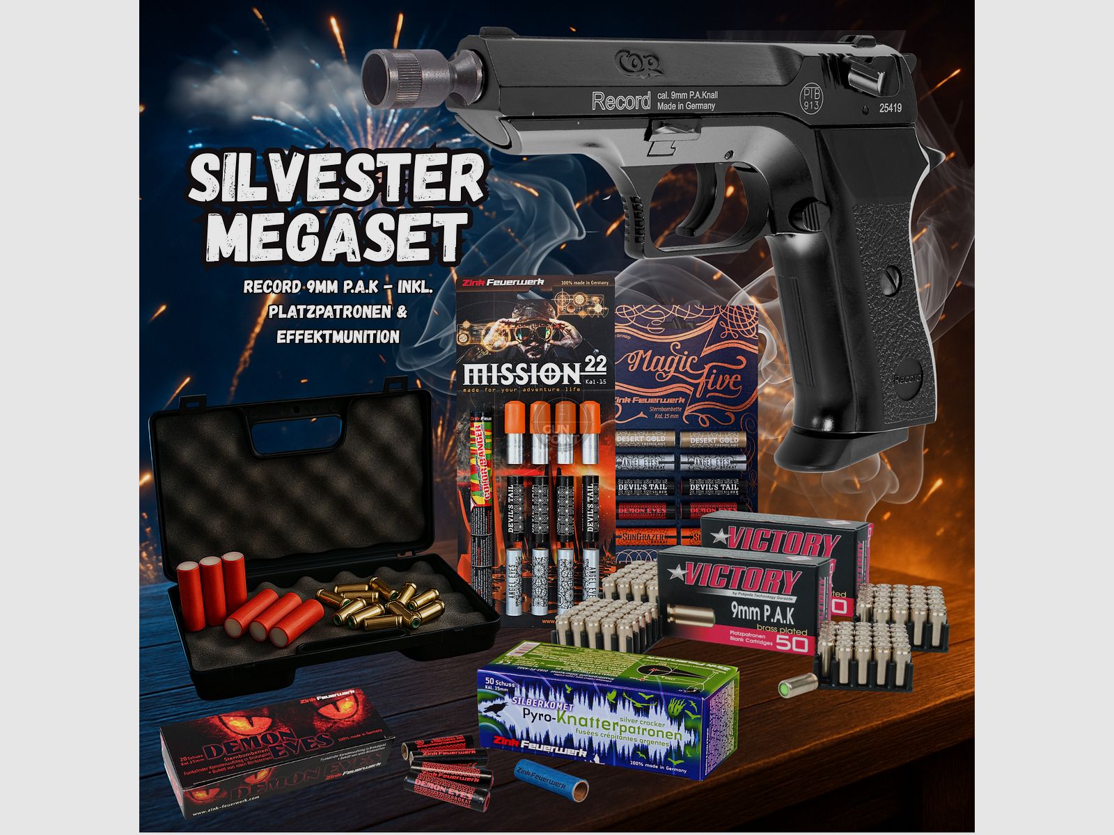 SILVESTER MEGASET !!! Pistolet à blanc - Modèle RECORD COP. - 9 mm P.A.K. incluant une mallette, 100 cartouches à blanc et 102 munitions à effet