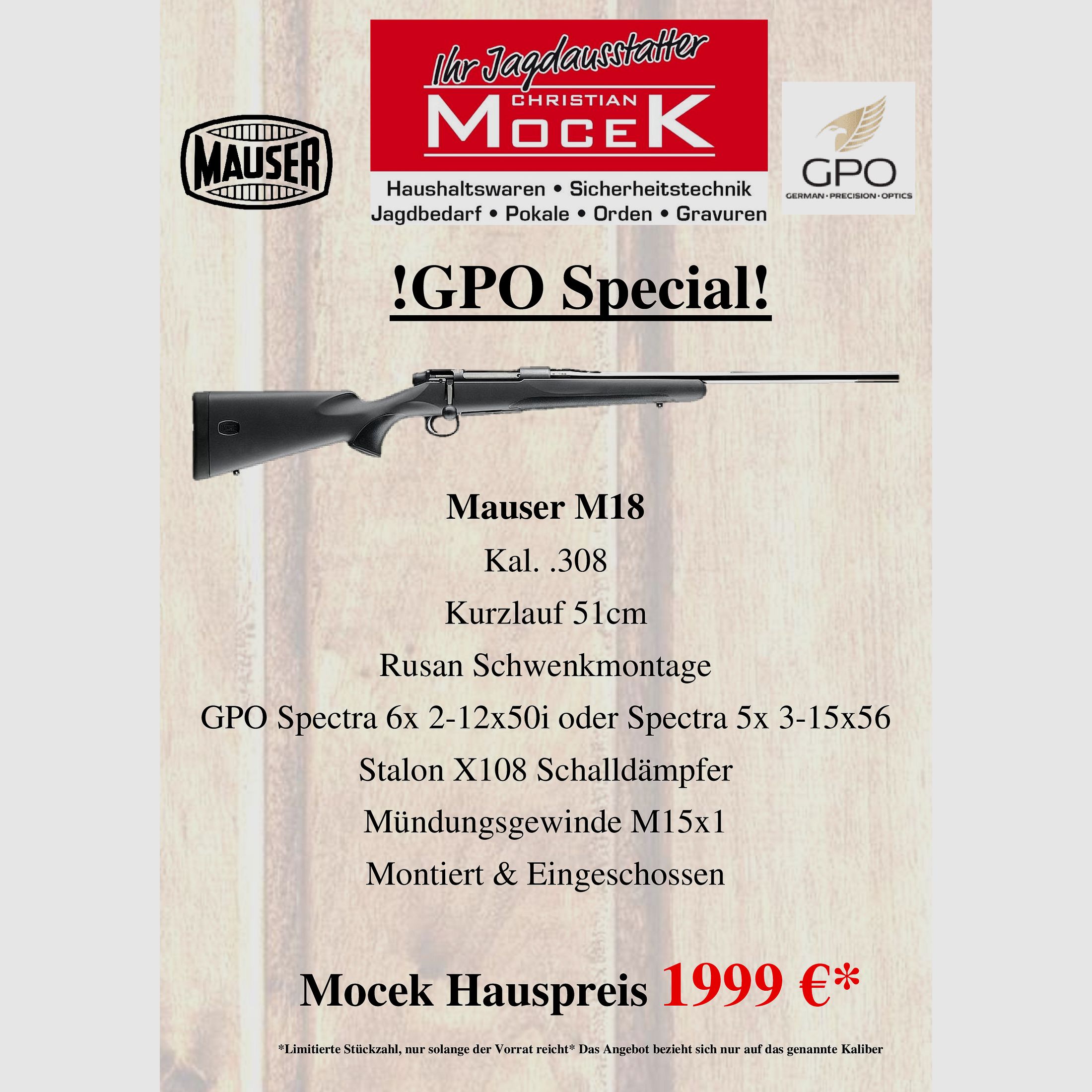 Mauser M18, GPO Spectra 6x 2-12x50 o Spectra 5x 3-15x56