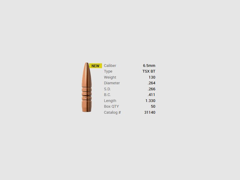 Balle Barnes 6,5mm/.264 130GR TSX HPBT 50 pièces