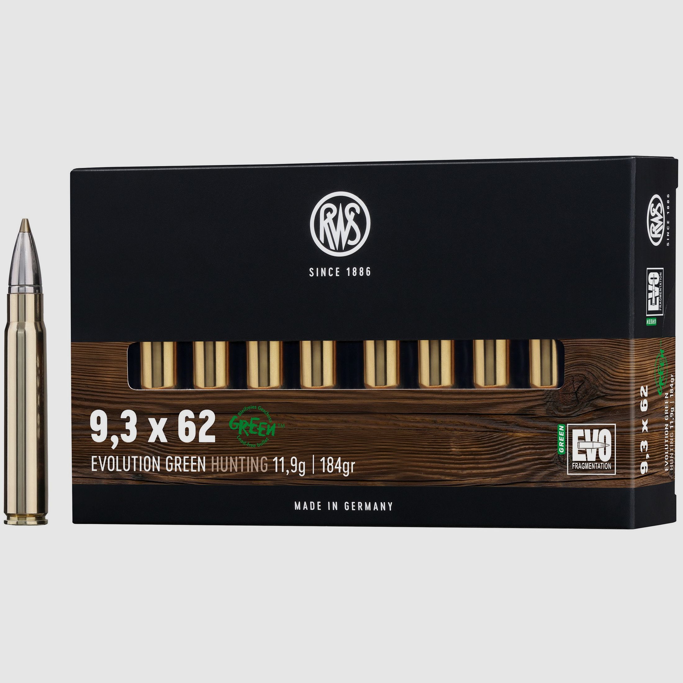 RWS Rifle Cartridges Evolution Green 9.3x62. 184 grains