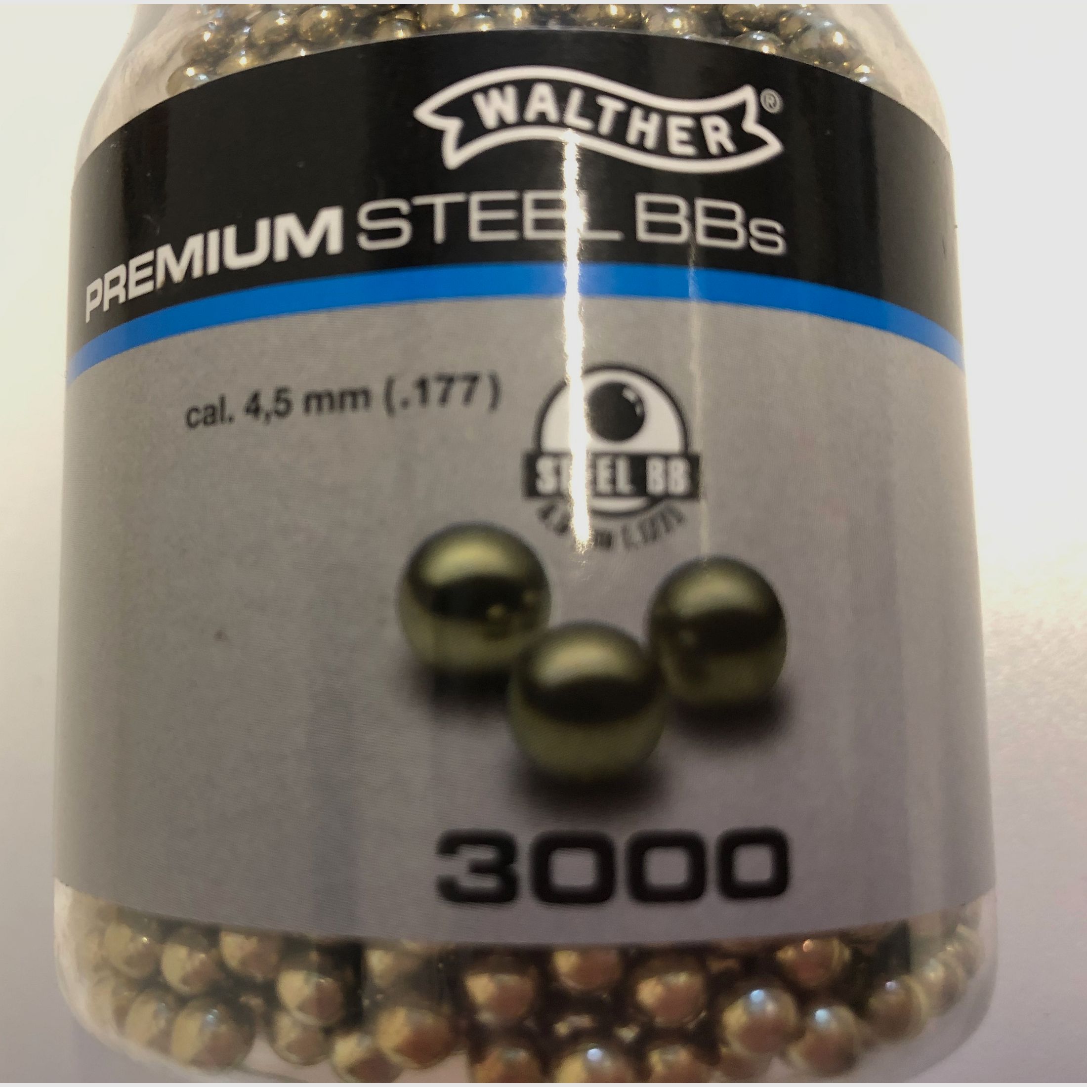 Walther Premium Steel BBs. cal. 4.5 mm, Umarex, air pressure, started bottle, still well filled, gold