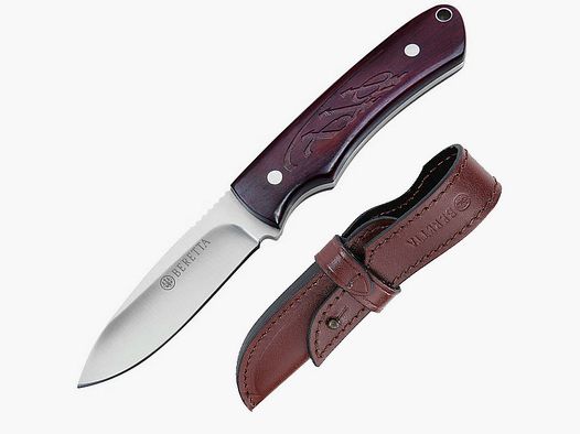 Beretta outdoor knife, 440C, cocobolo handle with thumb rest, brown leather sheath hunting knife