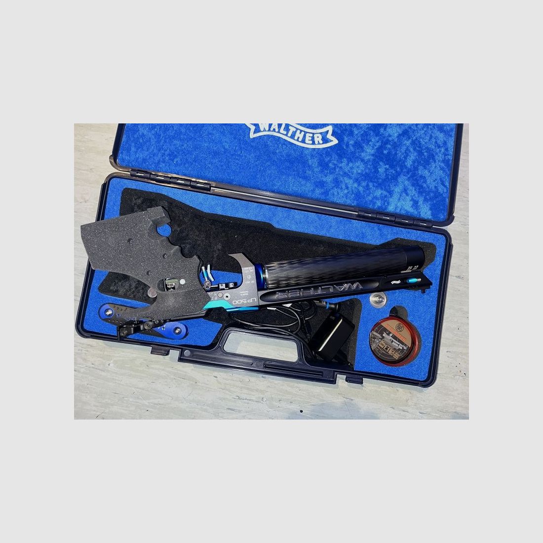 Match pistola ad aria compressa Walther LP500-E / Meister Manufaktur Blu - Grilletto elettronico / Cartuccia in carbonio