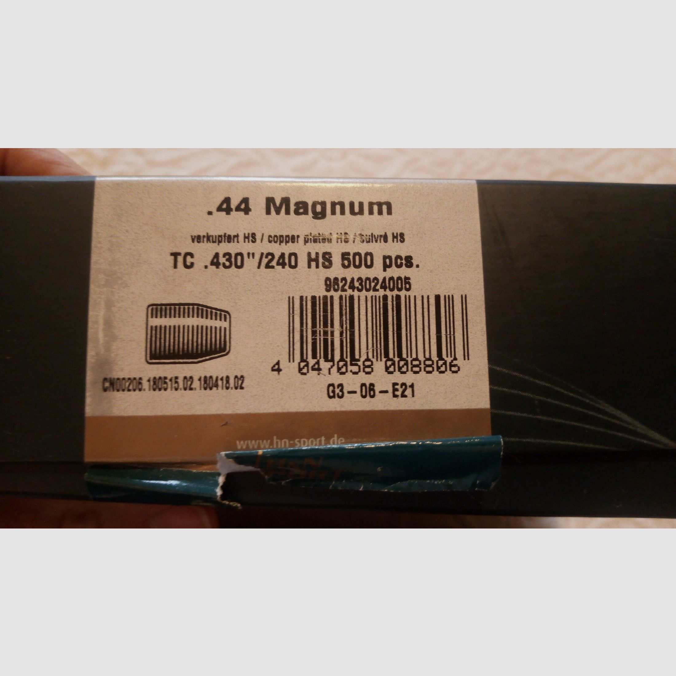 500 H&N Sport .44 Magnum .430" 240gr TC HS balas NUEVAS en su embalaje original, imagen 2 de 2