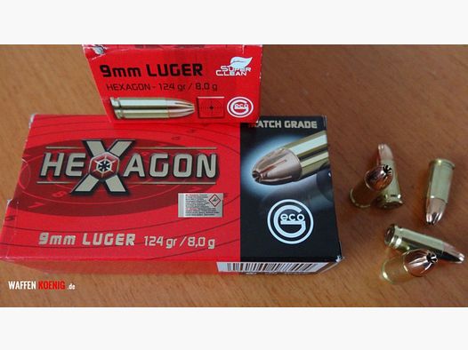 Geco	 100 STÜCK PATRONEN GECO HEXAGON CAL. 9MM - 8,0G