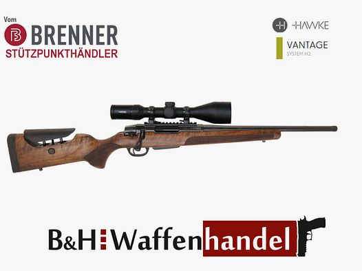 Brenner Komplettpaket:	 BR20 L.E. (Nussbaum, verstellbarer Schaftrücken) mit Hawke 3-12x56