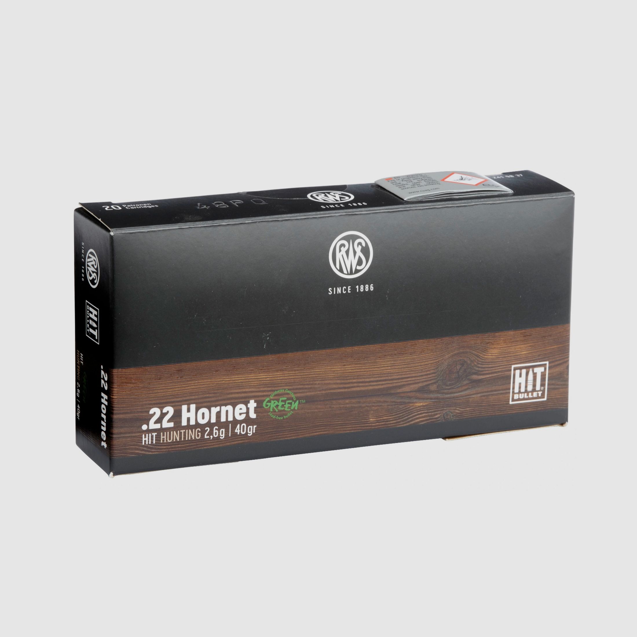 RWS 2419837 cartridges .22 Hornet HIT 2.6g. 40grs. Lead-free