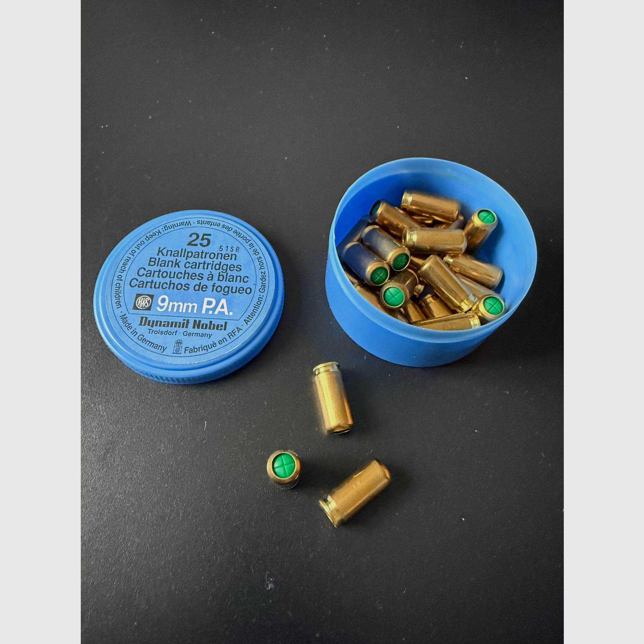 DYNAMIT NOBEL - 25 blank cartridges, bang cartridges, 9mm P.A., Germany