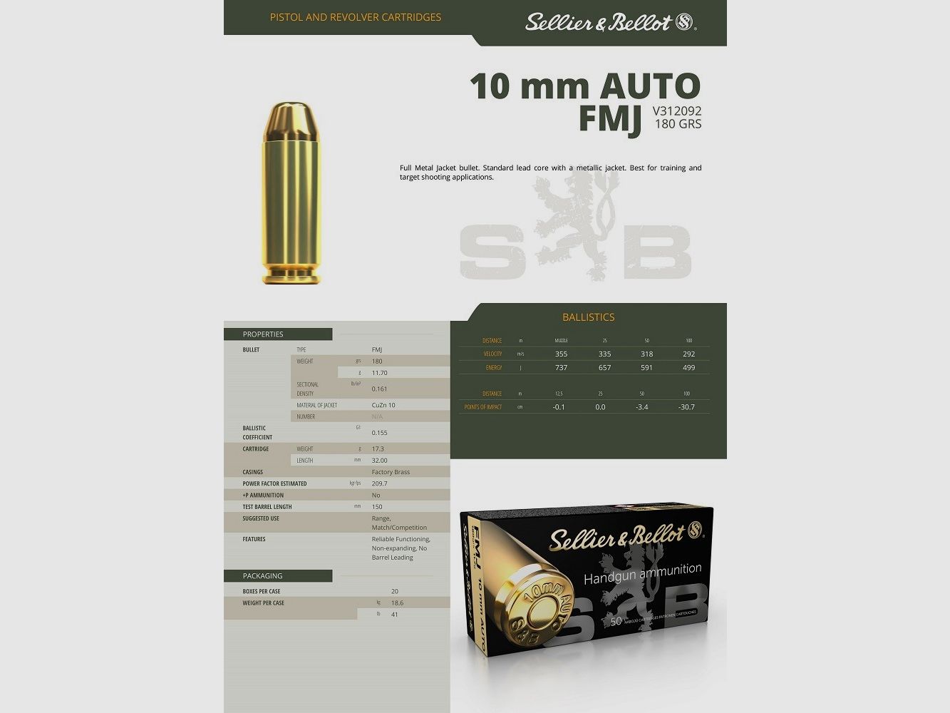 10MM AUTO FMJ SELLIER BELLOT 180 GR, Bild 3 von 3