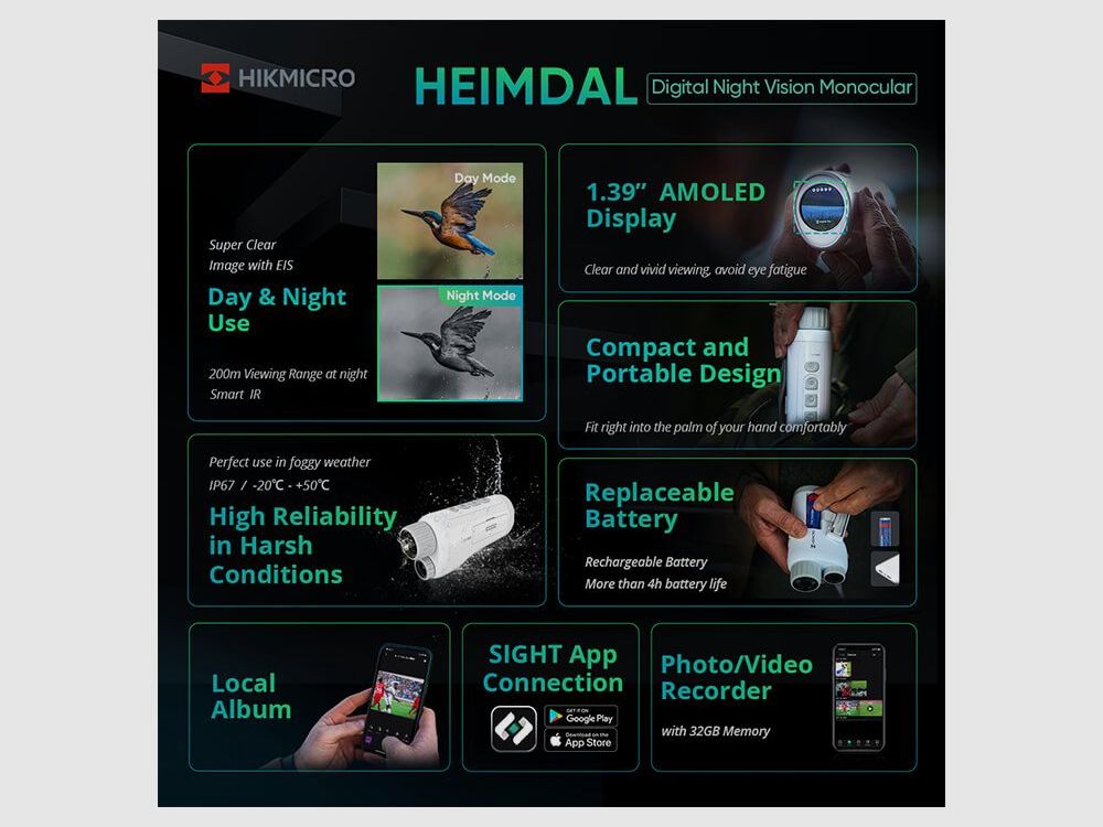 HikMicro Heimdal H4D caméra de vision nocturne – résolution 2560×1440, écran AMOLED et portée IR de 200 m, image 5 sur 9