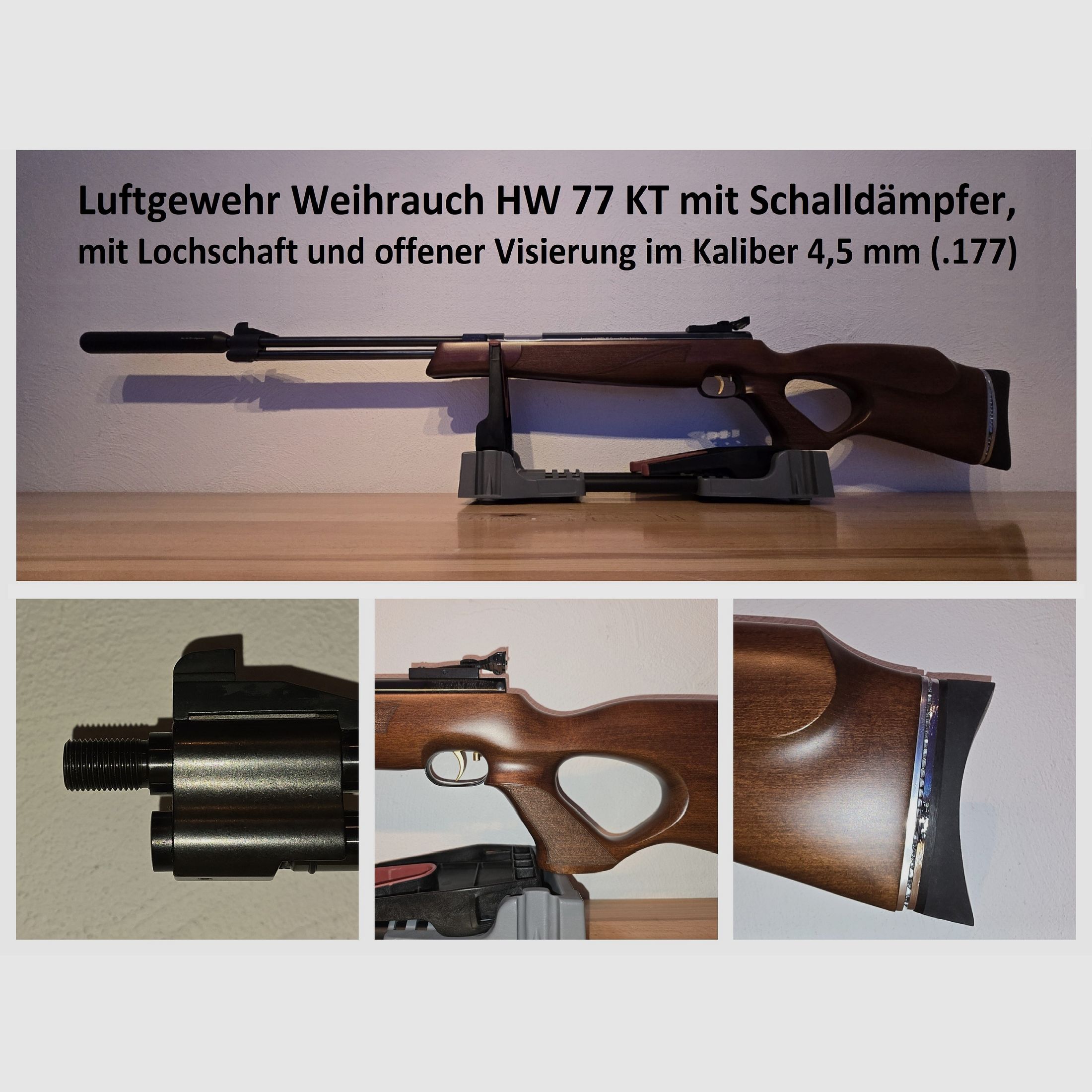 Luftgewehr Weihrauch HW 77 KT / HW77 KT mit Schalldämpfer, Lochschaft und offener Visierung im Kaliber 4,5 mm ( Starrlauf / Unterhebelspanner )