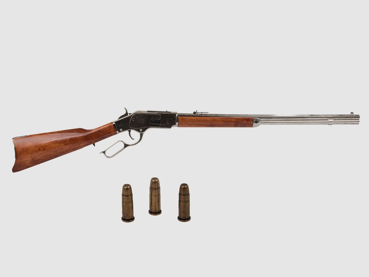 Deko Westerngewehr Denix Winchester Mod. 73 USA 1873 nickel hell realistisches Repetieren mit HĂĽlsenauswurf GesamtlĂ¤nge 110 cm