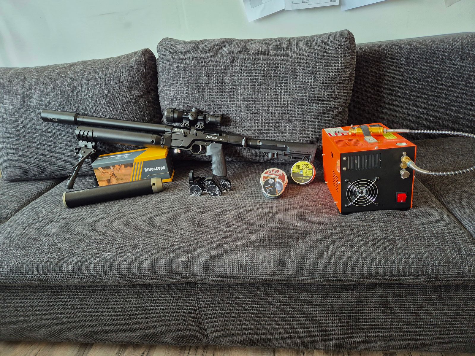 AEA HP Max MK2 9mm/.357 conjunto completo: 5 cargadores, 2 tanques, compresor VEVOR, ópticas y accesorios (GoGun 03/2025)