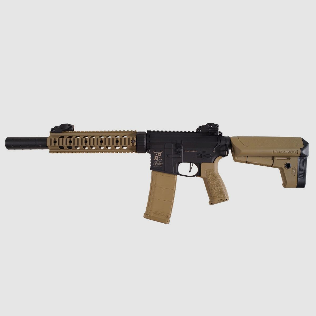 AR15 SilentOps 9 Inch CHARLIE Tan/Black S-AEG Airsoft Rifle Free from 18 Years | Delta Armory
