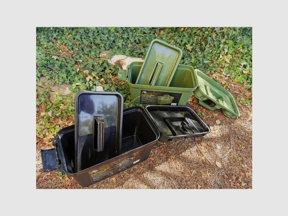 Box / Munitionskiste m. Innenboden - 38 x 19 x 24cm, Oliv - spritzwassergeschützt + verschließbar, schlagfester Kunststoff