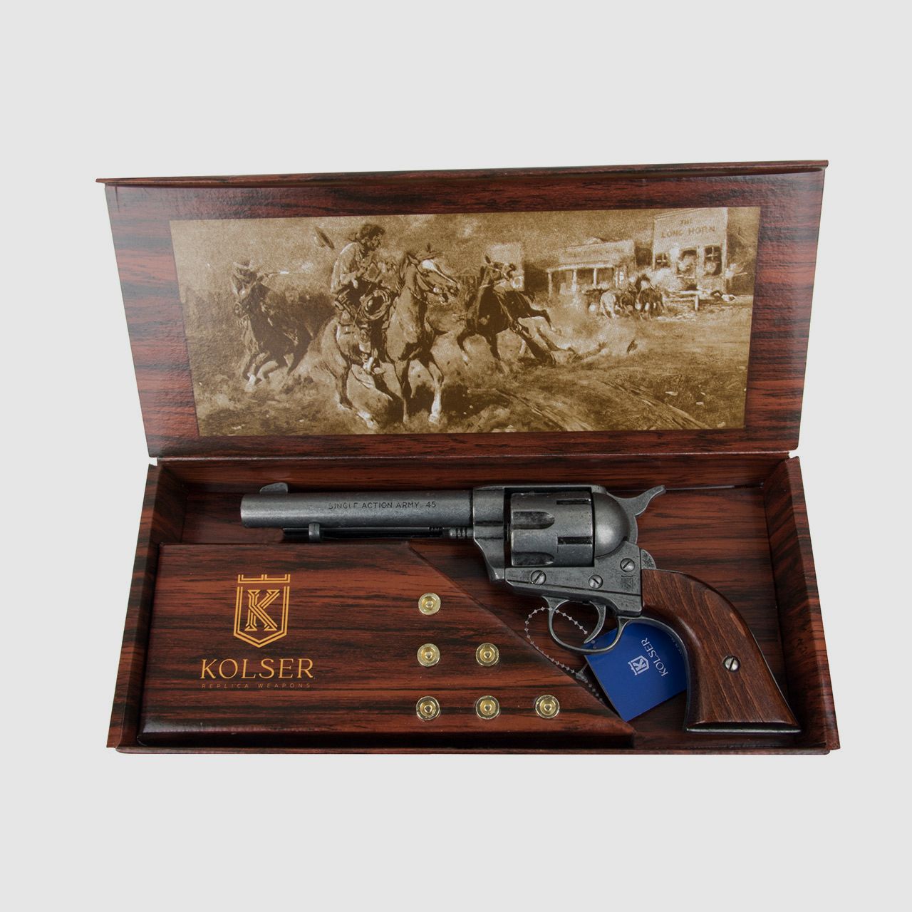 Deko Revolver Kolser Colt SAA .45 Peacemaker USA 1873 5,5 Zoll antik grau Griffschalen in Holzoptik