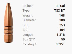 Barnes Geschoss .30/.308 168GR TSX BT 50 Stück