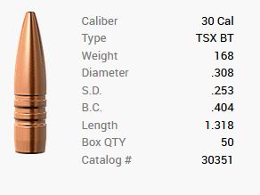 Barnes bullet .30/.308 168GR TSX BT 50 pieces