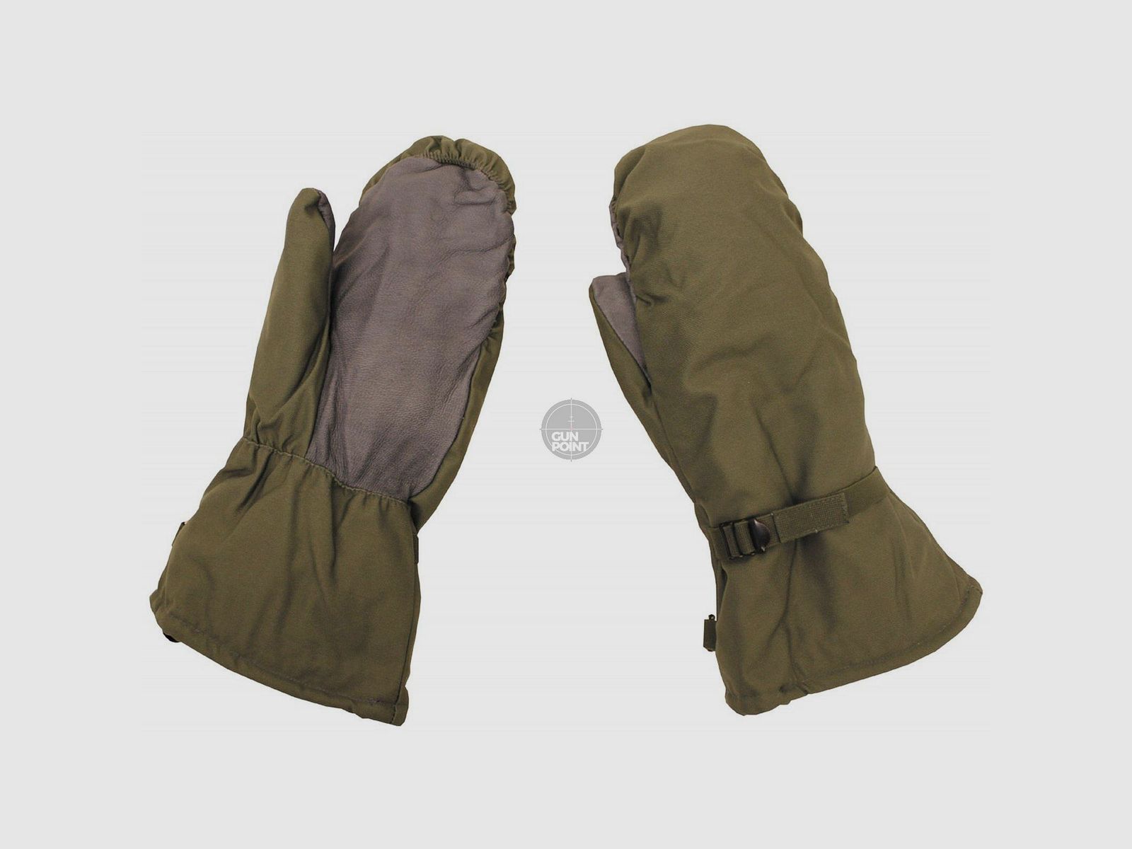 BW mittens, padded, leather trim, olive, like new - size: 8