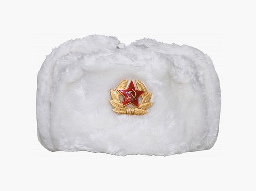 Russische Fellmütze, weiß, mit Abzeichen
