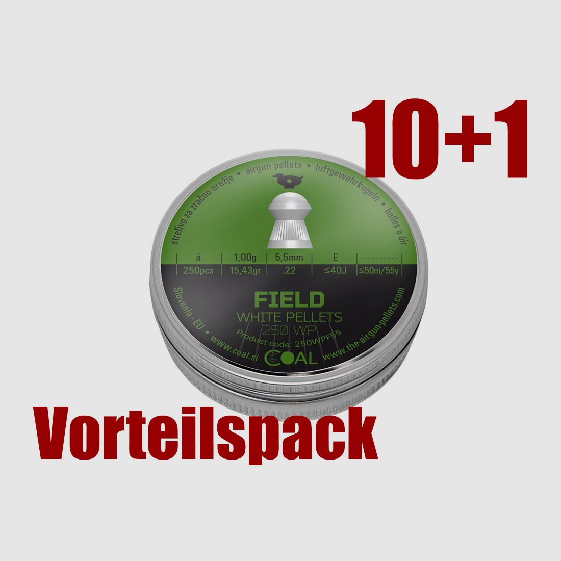 10+1 GRATIS x 250 StĂĽck Coal White Pellets Field Diabolo, Rundkopf, geriffelt, 1,00 g, Kaliber 5,5 mm