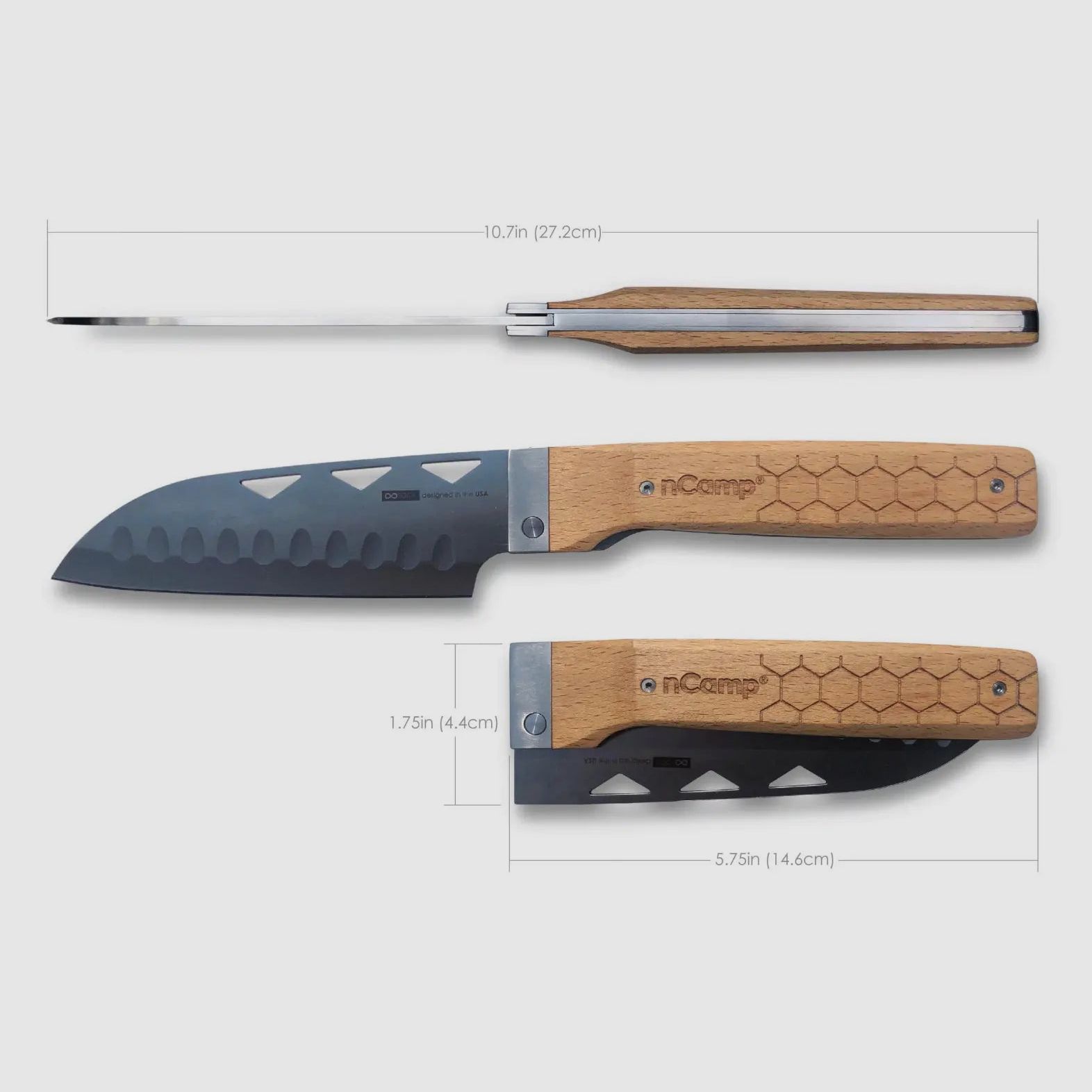 nCamp Premium Santoku-Messer für die Zubereitung von Speisen (9cr18Mov Klinge/Buchengriff) mit Nylon