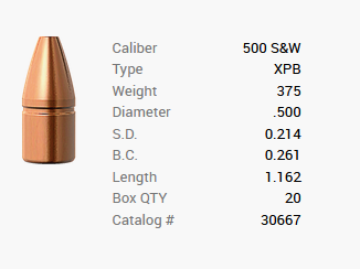 Balle Barnes .500 S&W/.500 375GR XPB Pistolet FB 20 Pièces