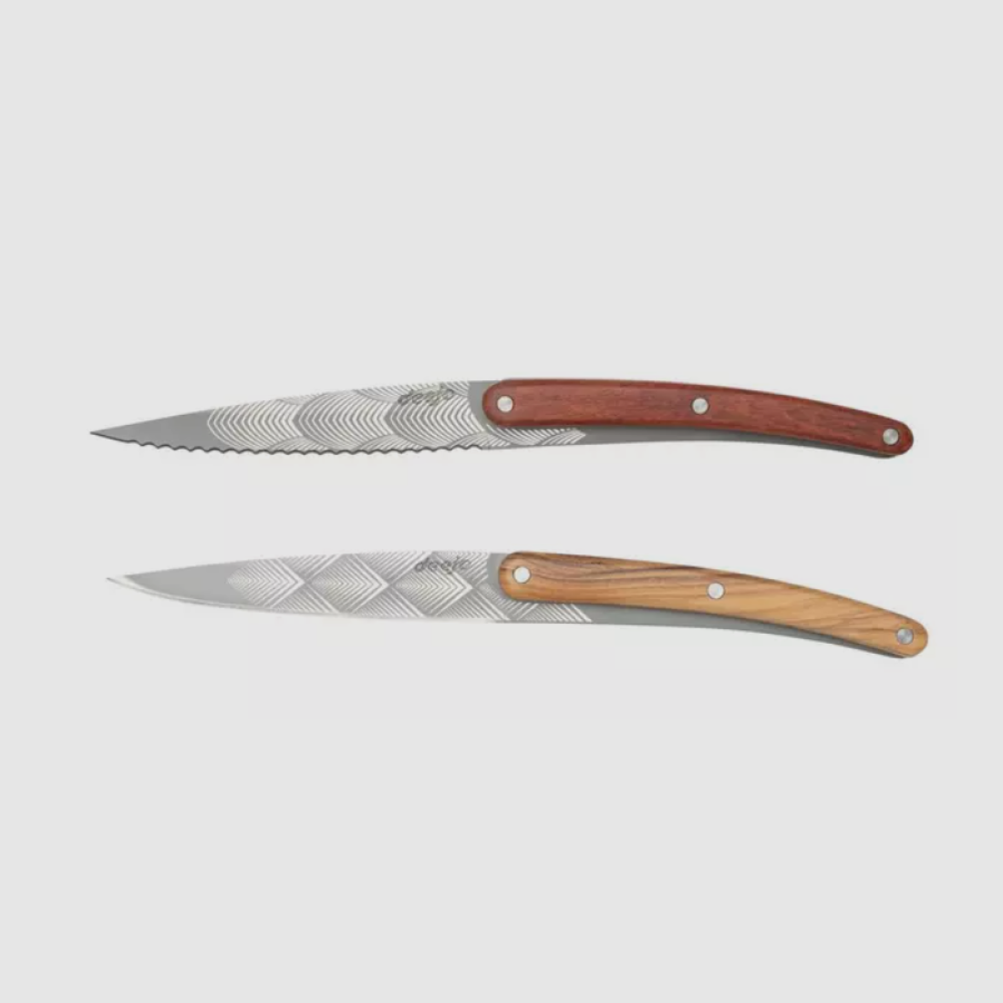 2 Deejo paring knives, olive wood and coral wood / Art Deco