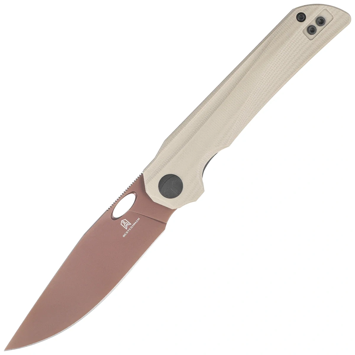 Bestechman Smuga folding knife Light Beige G10, Gold PVD AEB-L by Kombou (BMK22D)