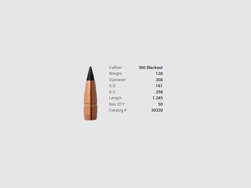 Barnes bullet .300 AAC Blackout / .300 Whisper 120GR M/LE Tac-TX Boat Tail lead-free 50 pieces