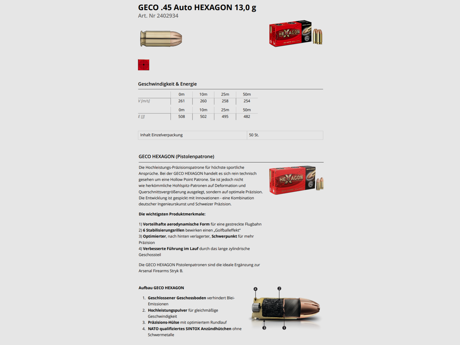 GECO kal. 4.. pistolet .45Auto JHP HEXAGON 50 szt. 13,0 g/200grs, zdjęcie 2 z 3