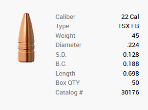 Barnes bullet .22/.224 45GR TSX FB 50 pieces